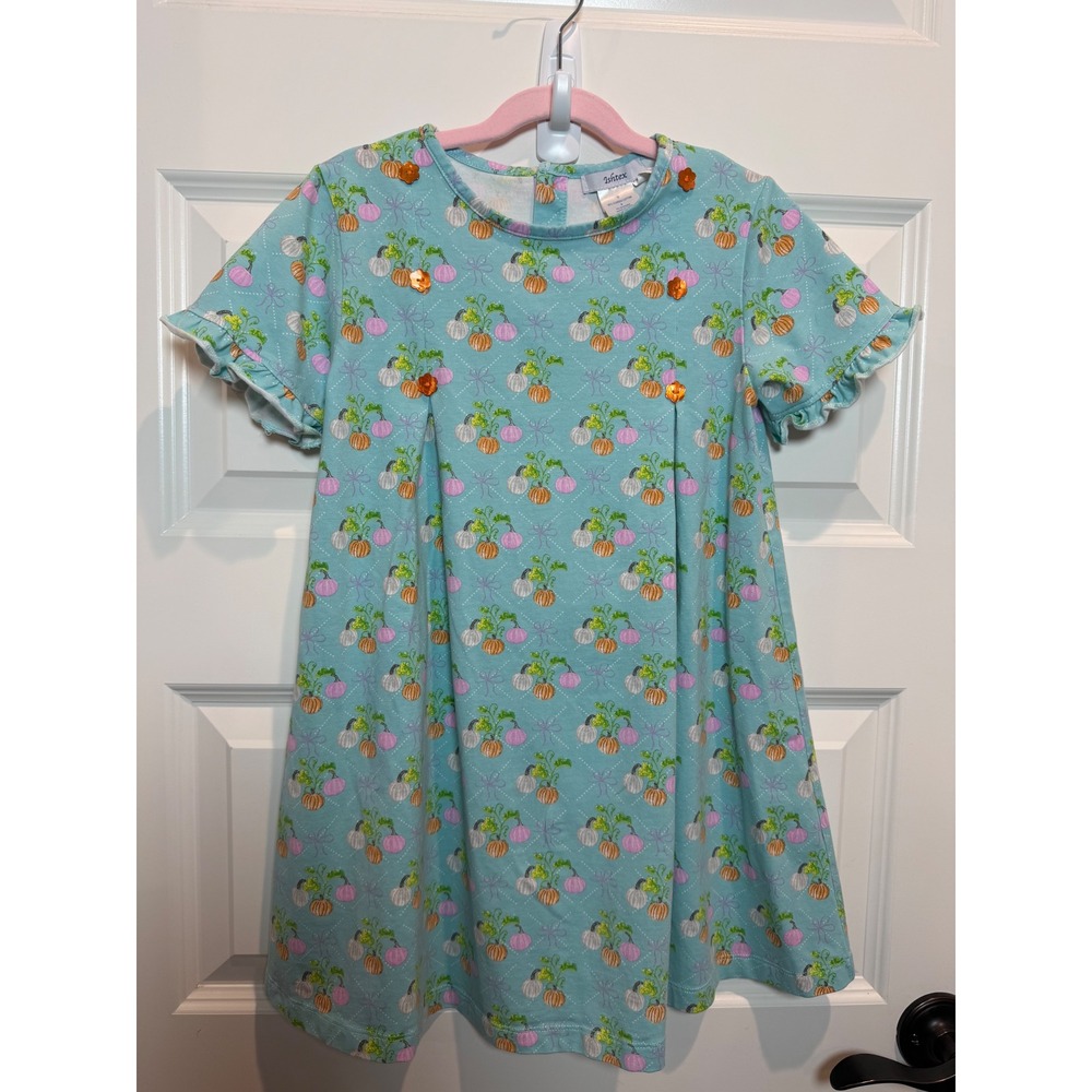 Ishtex Girls Blue Pumpkin Lattice Print Ruffle Sleeve Dress Size 10 Fall Holiday